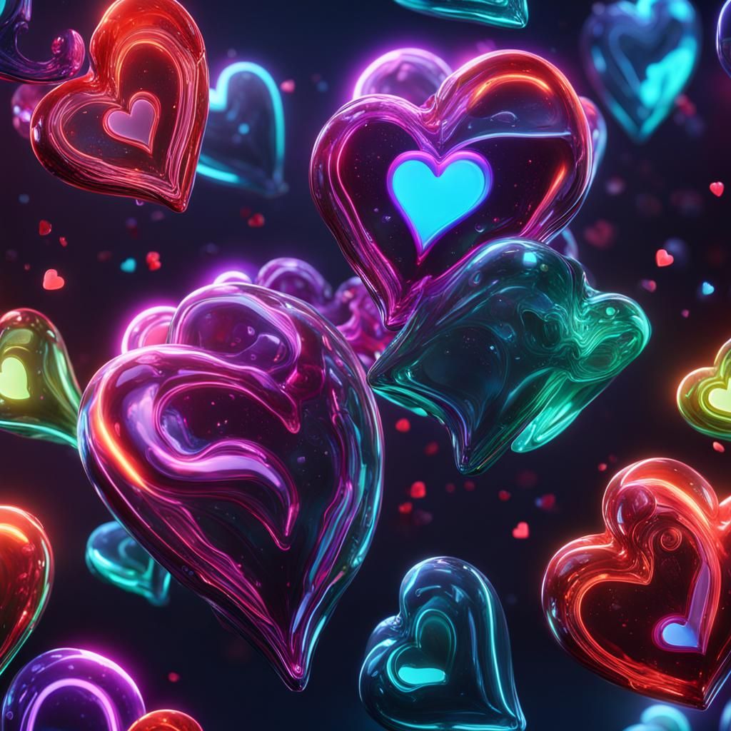 Hyperrealistic Neon Glass Hearts in Detailed Digital Paintin...