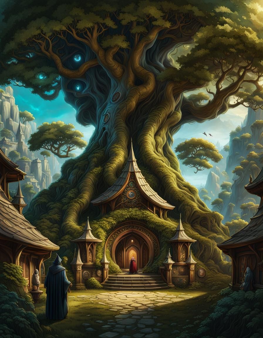 Magical Wizard Council Under Ancient Tree