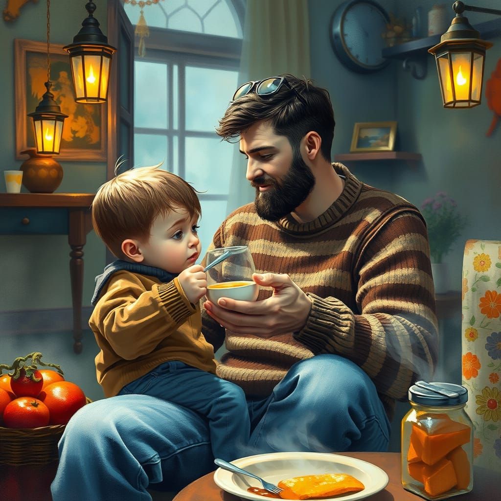 Father and Son Breakfast: Ethereal Charcoal and Watercolor A...