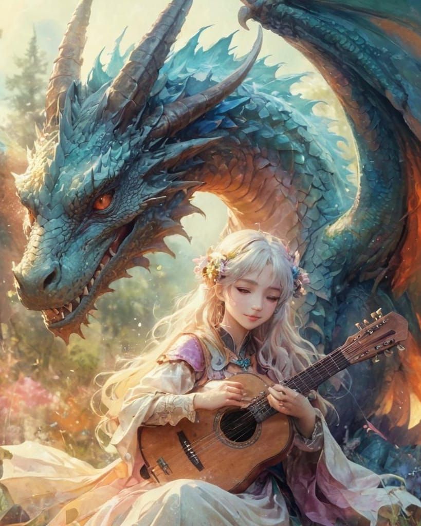 Dragon and Bard in Meadow, Pastel Anime Art
