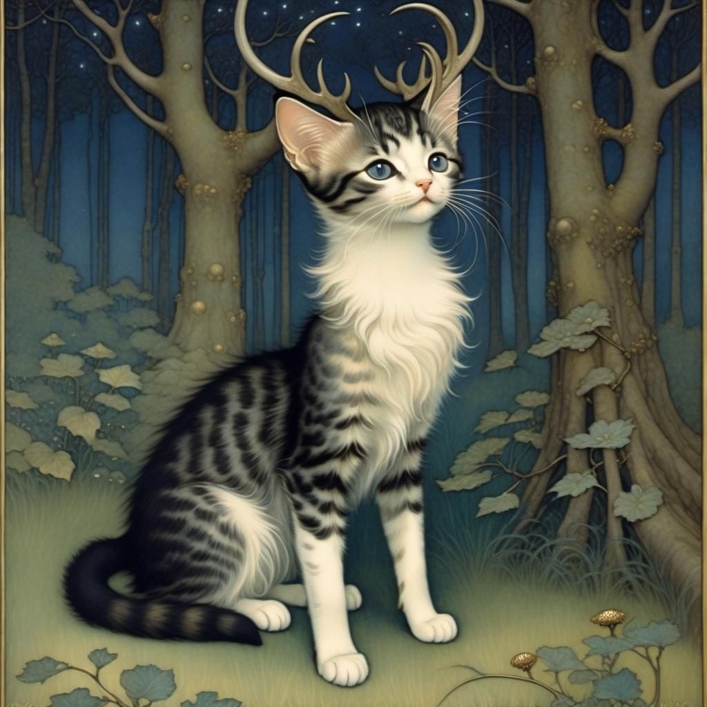 Kitten with Antlers in Enchanted Woods