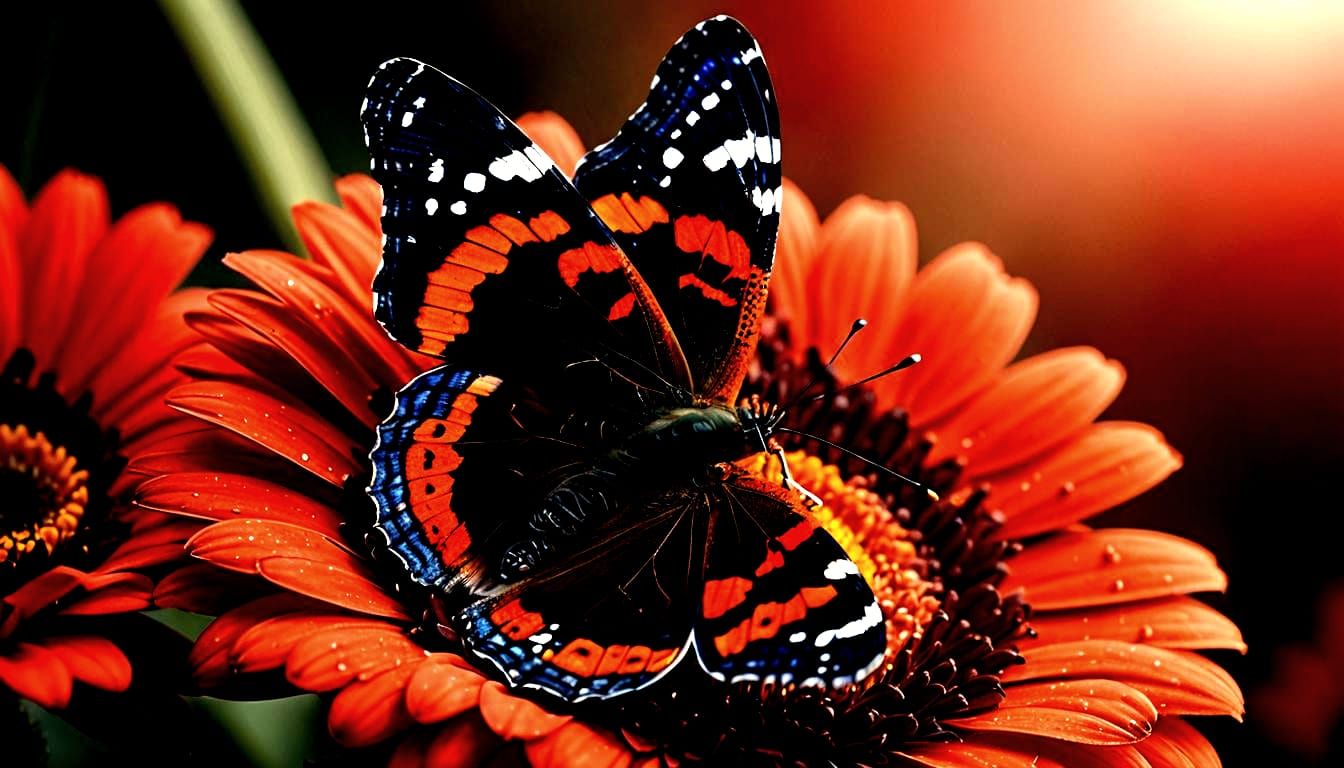 Red Admiral Butterfly on Red Gerbera Flower