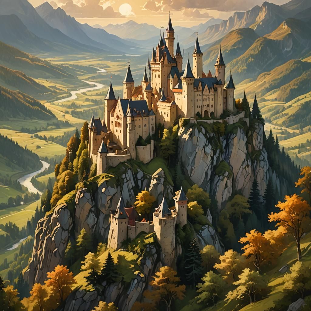 Majestic Castle Overlooking Forested Valleys: A Romantic Pai...