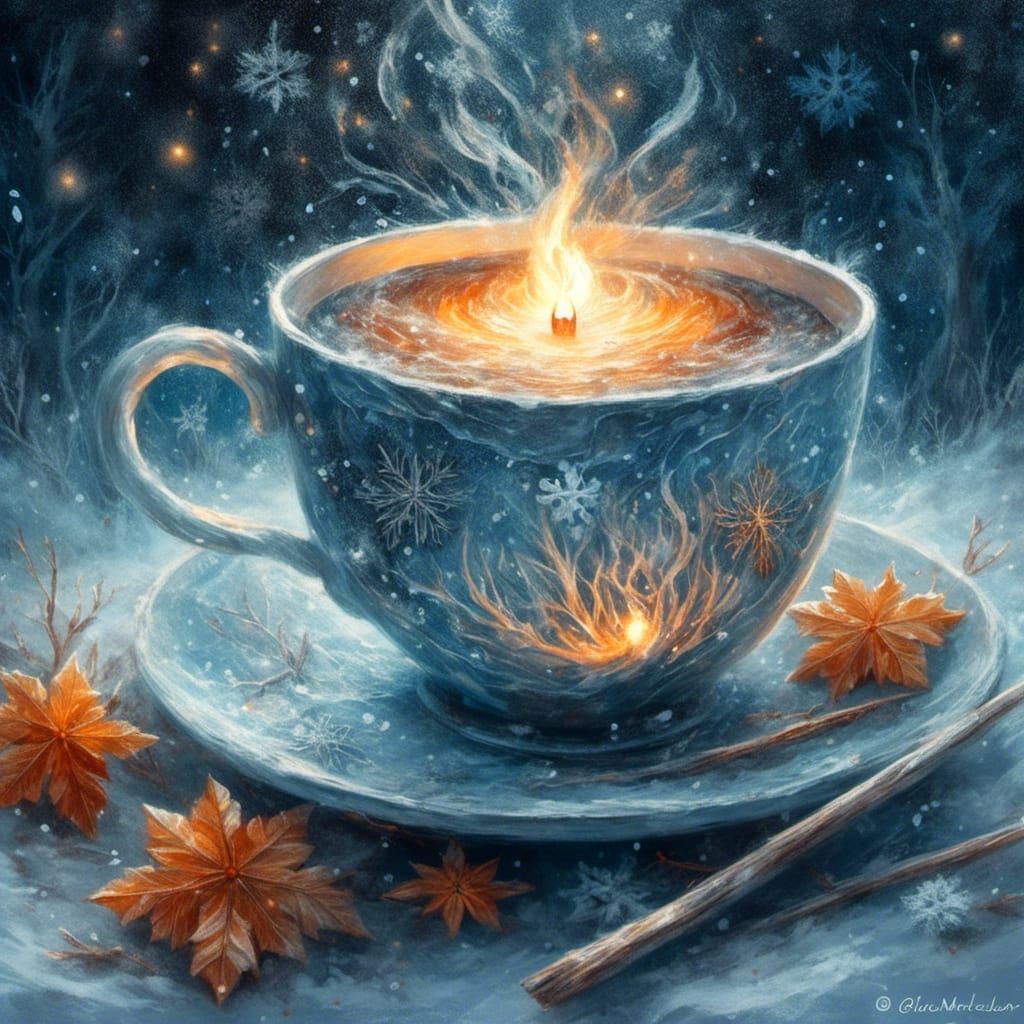 Icy Teacup with Fire, Winter Oil Painting