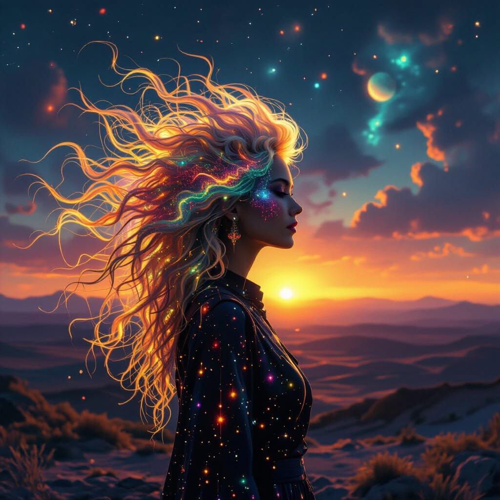 Cosmic Woman at Binary Sunset, in Surrealist Style