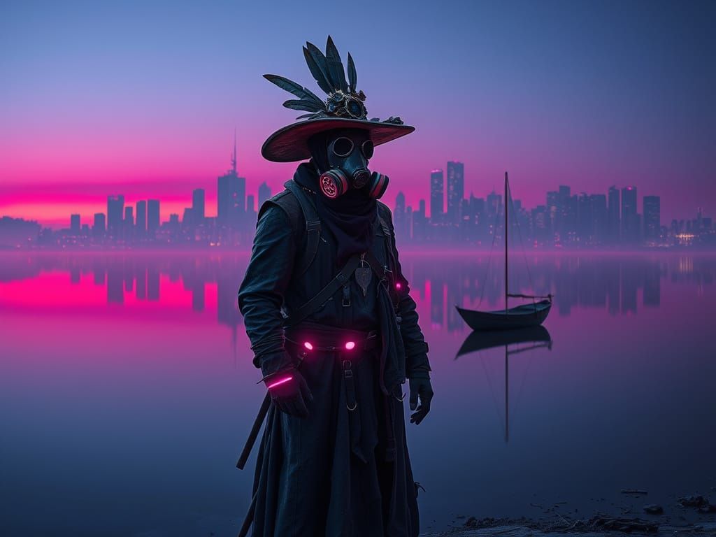 Mysterious Figure in Futuristic Attire Stands by Tranquil La...