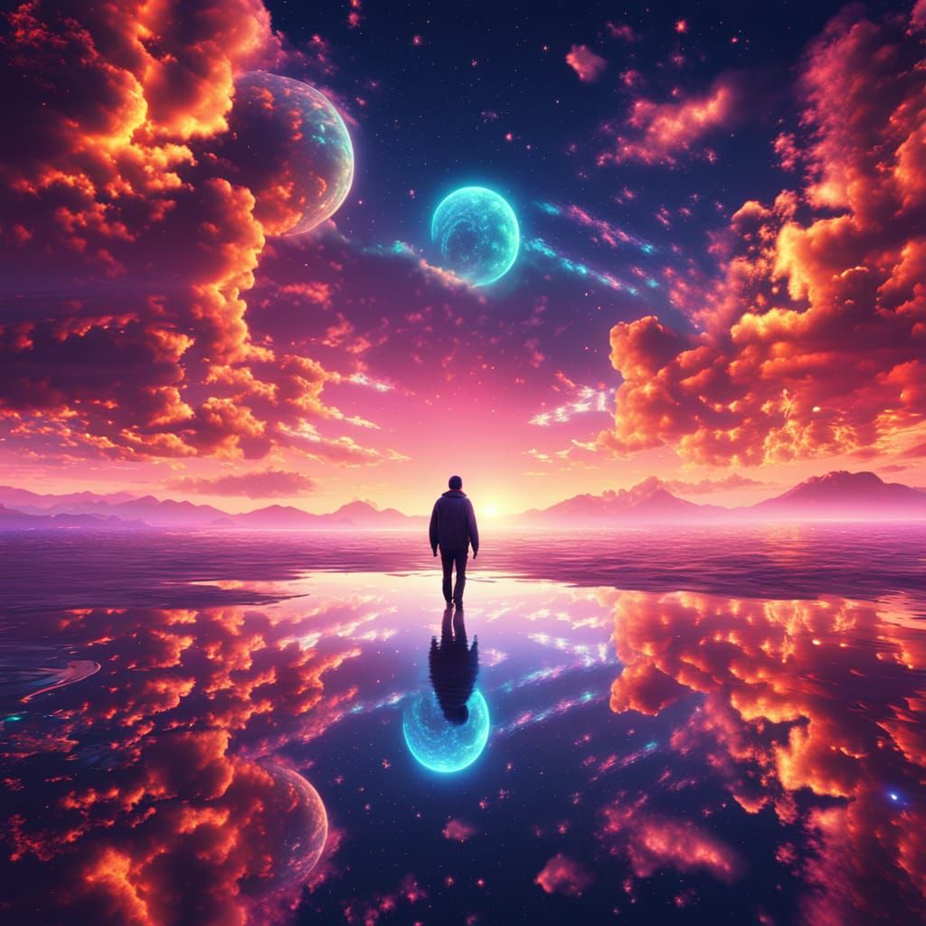 Lone Figure seen from behind against multi-coloured sky