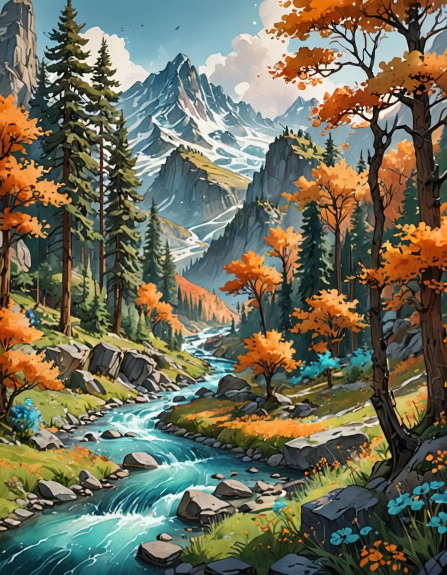 Lush Mountain Landscape in Watercolor Style