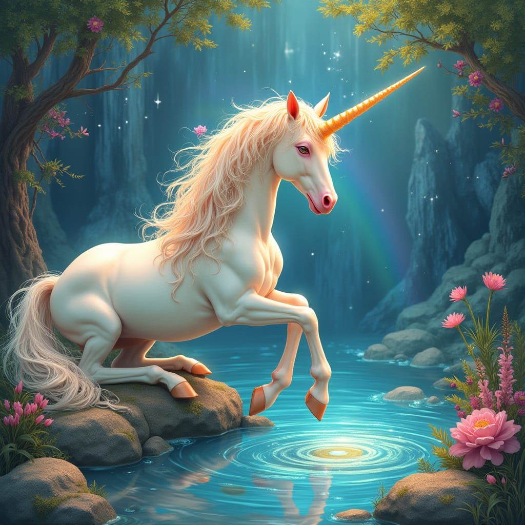Celestial Unicorn in Whimsical Art Nouveau Style