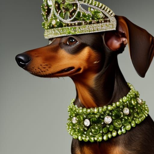 Dachshund Queen with Peridot Crown: Hyperrealistic Portrait