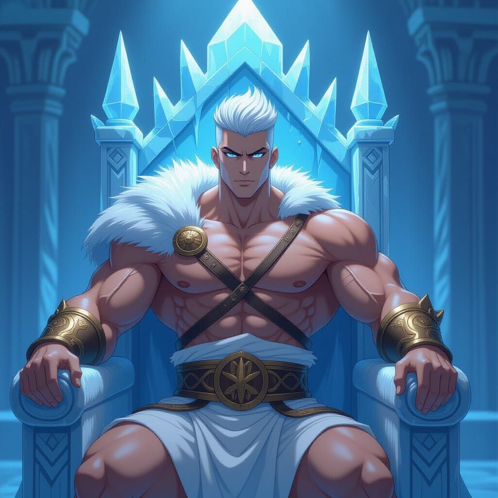 Hyper-Masculine Ice King on Frozen Throne, Manga Style