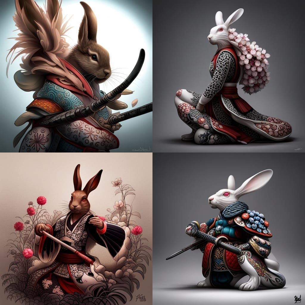 Lapine Samurai in Japanese Ink Painting Style