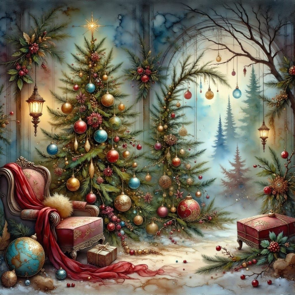 Vibrant Christmas Tree in Soft Oil Painting Airbrushing Styl...