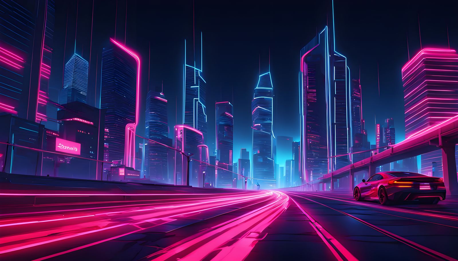 Crimson Neon Cityscape at Night in Synthwave Style
