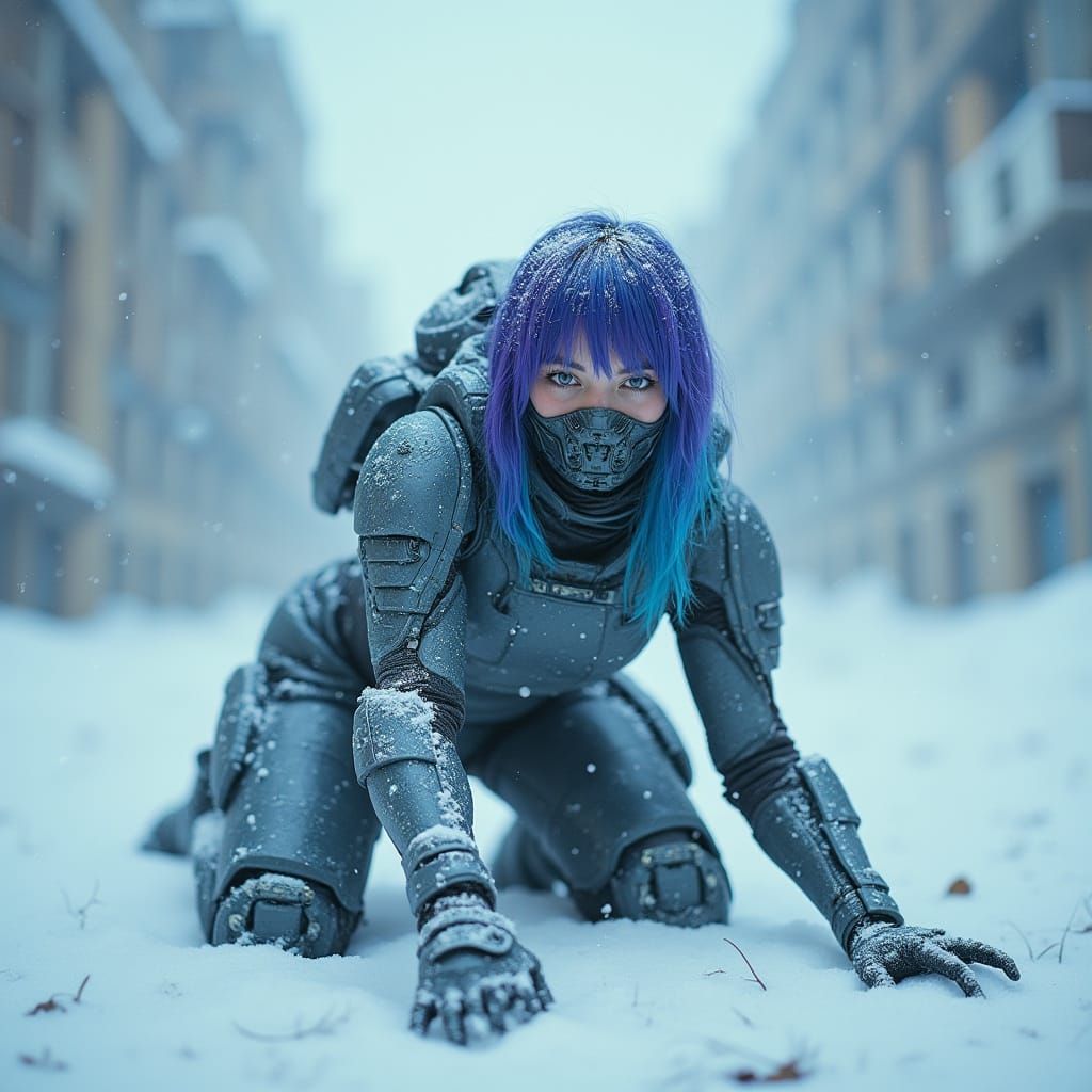 Cybernetic Girl in Snowy Post-Apocalyptic Landscape