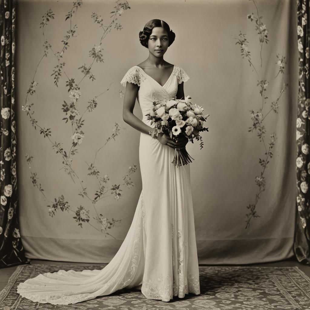 Elegant Bride in White Gown, Vintage Portrait