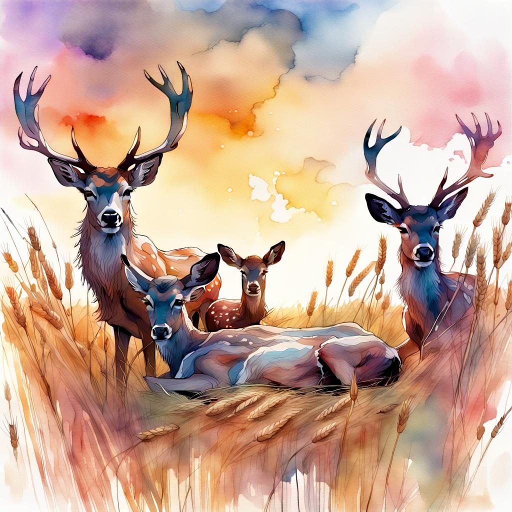 Deer Family Sleeping in Wheat Field, Watercolor Art