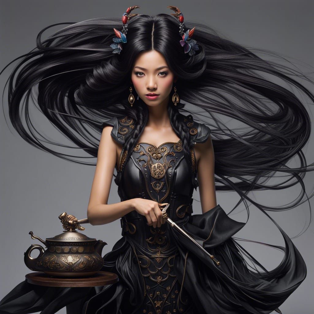 Beautiful Asian Woman Steeping Tea with Bioluminescent Glow