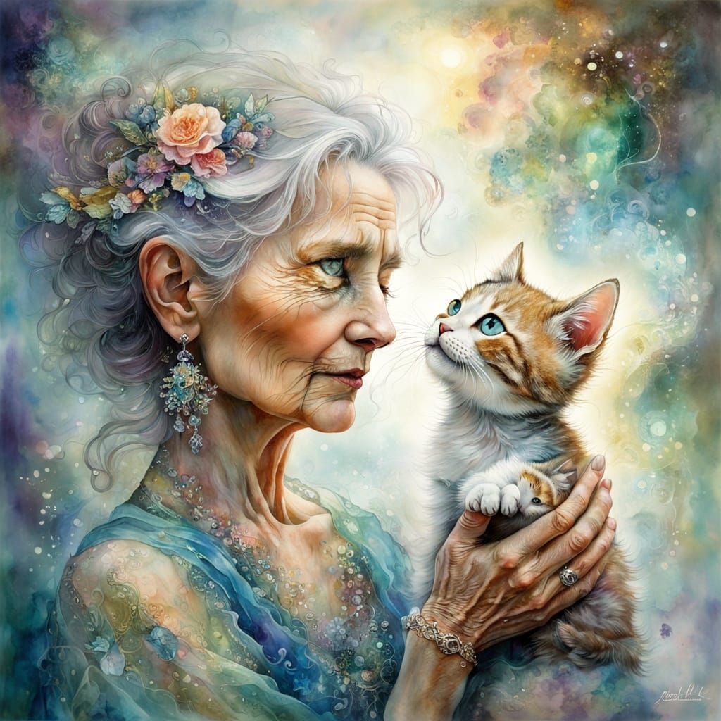 Ethereal Older Woman Patting Kitten in Alcohol Inks