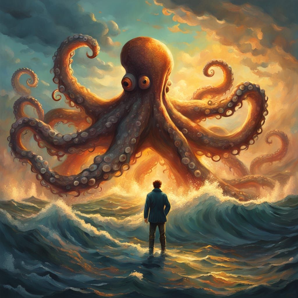 Artist Ensnared by Octopus as Sea and Painting Merge in Vibr...