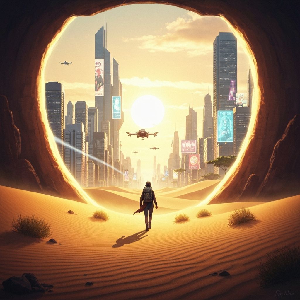 Explorer's Portal to Cyberpunk Cityscape