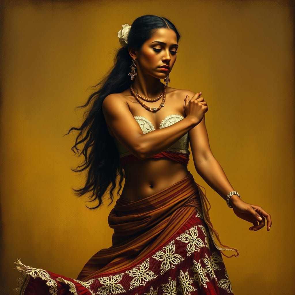 Aboriginal Dancer in Lace Gown, 18th-Century Oil Painting