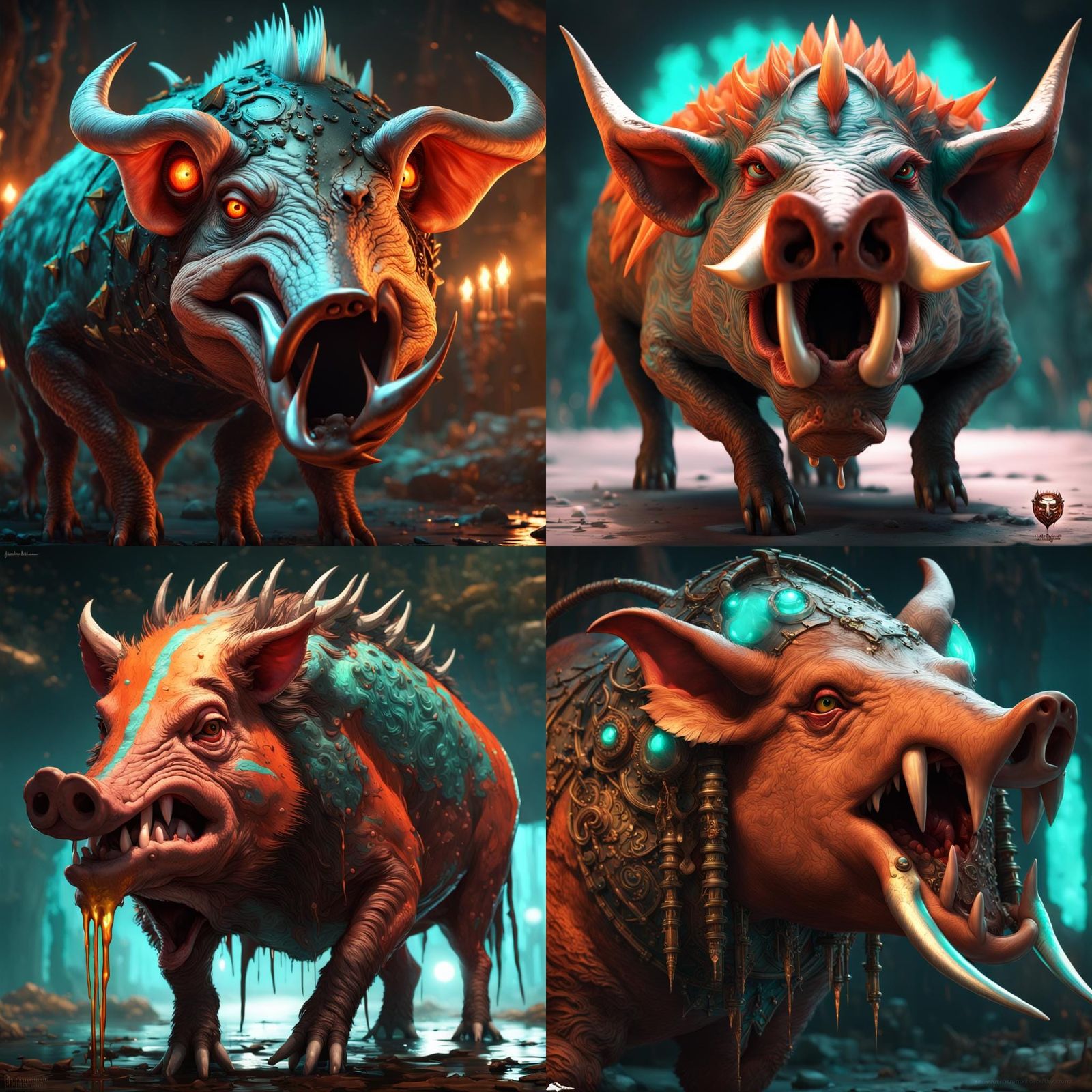 large evil razorback hog with large tusks and glowing evil eyes with bood dripping from mouth