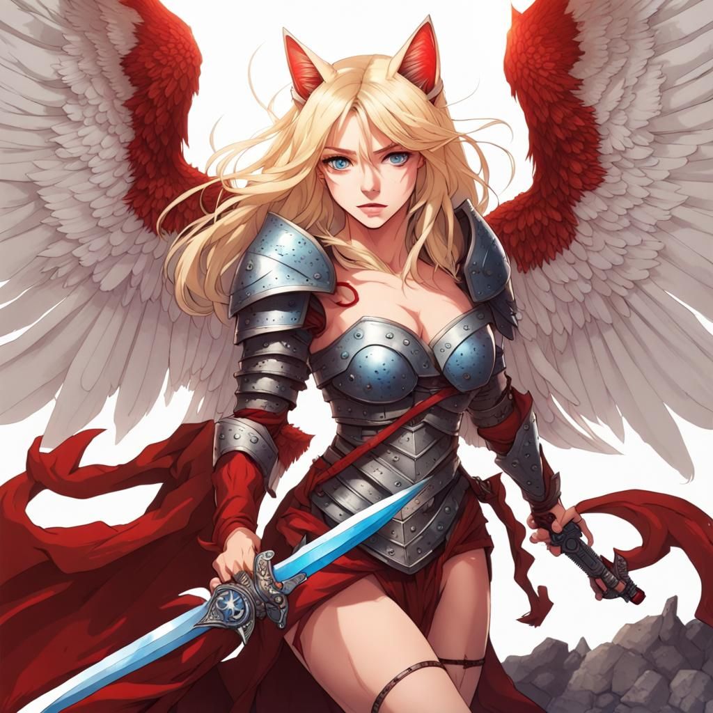 Half-Cat Warrior with Bloody Sword and Wings