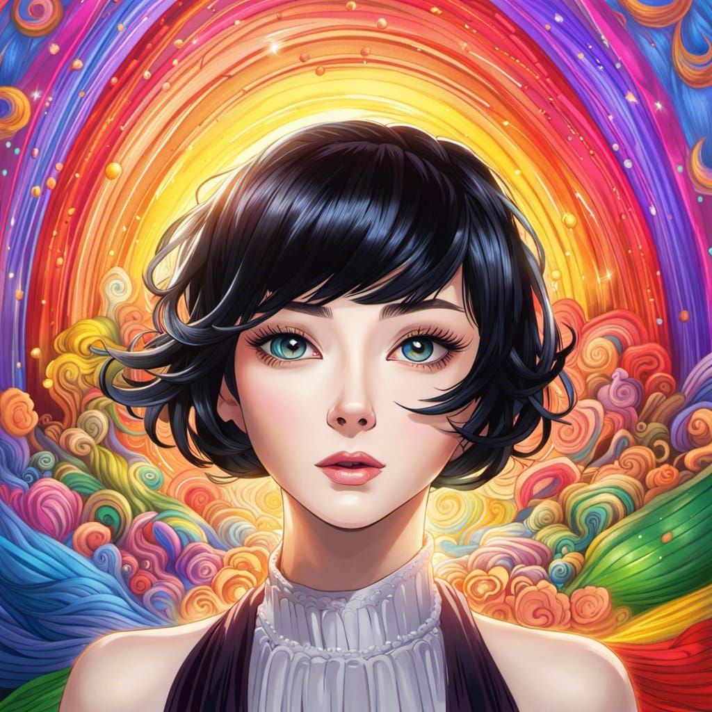 Anime Portrait: Rainbow-Eyed Woman with Short Black Hair