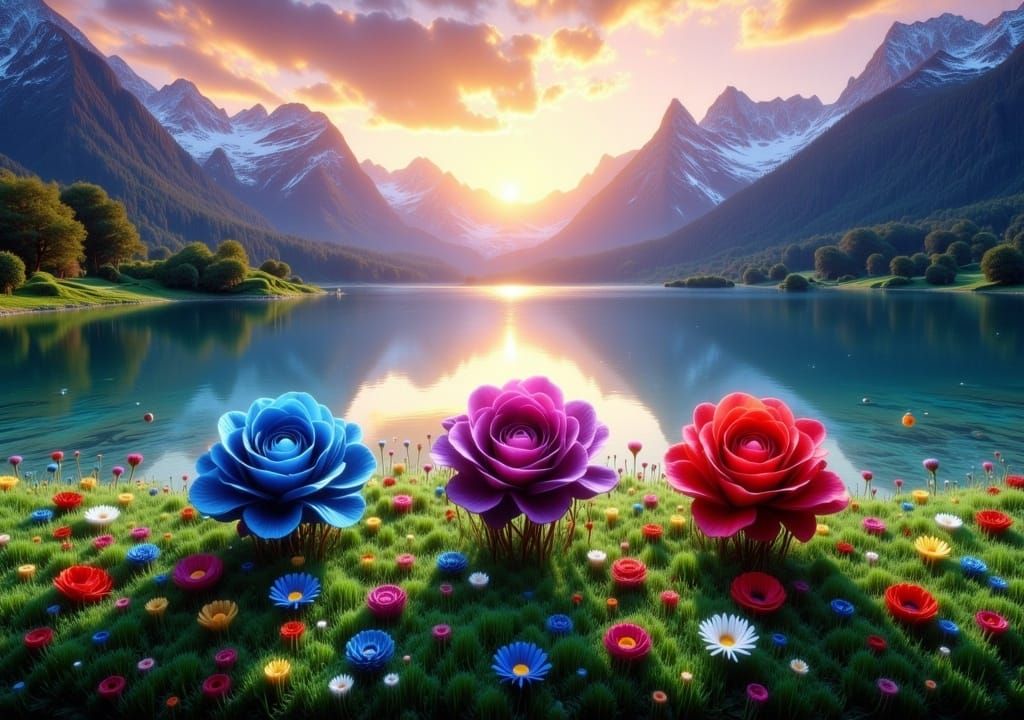 Vibrant Roses on Lake, Impressionist Painting