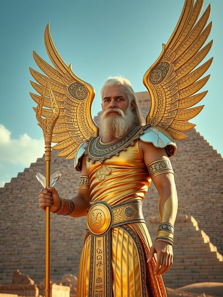 Enki, the Anunaki God with Majestic Wings and Golden Outfit