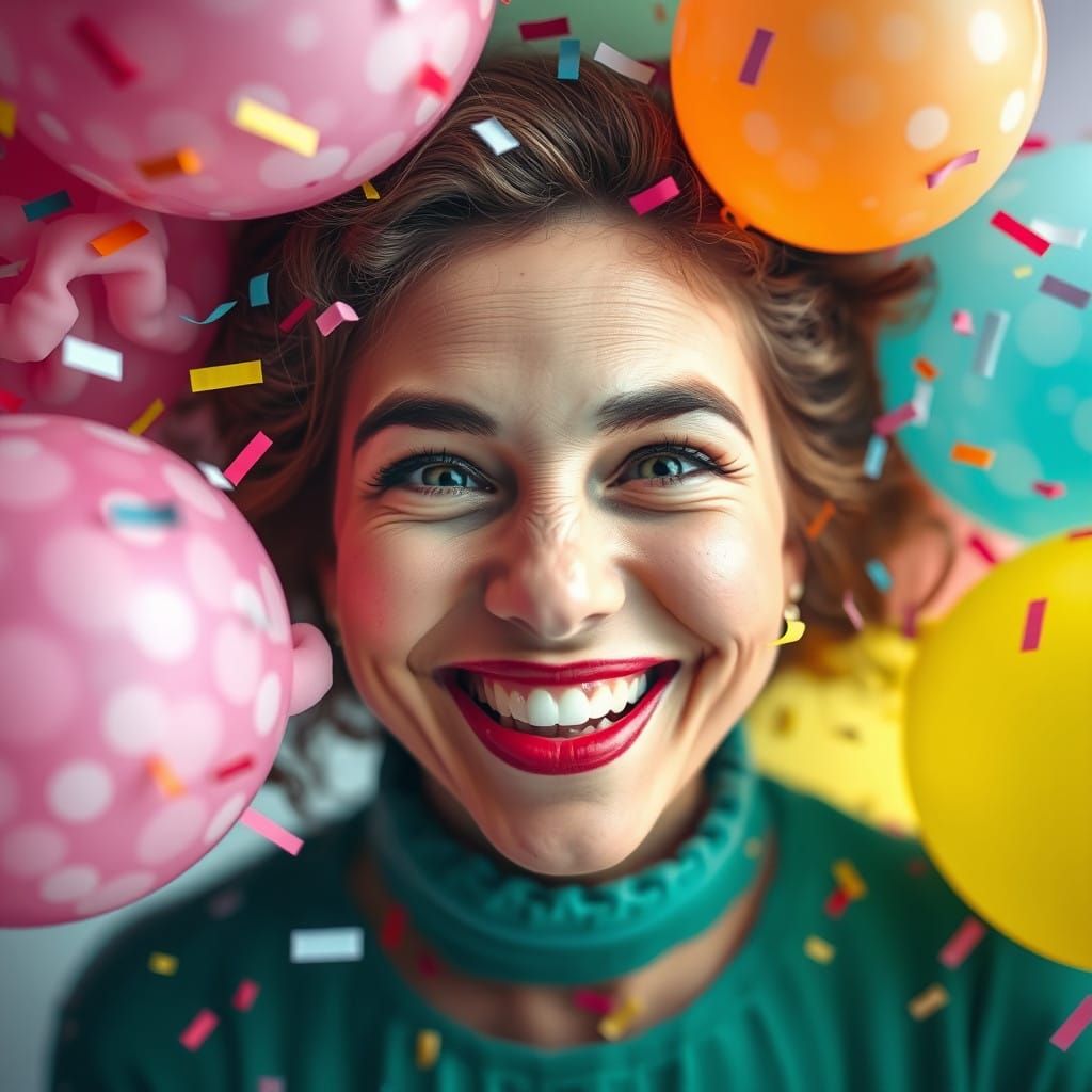 Vibrant Whimsical Woman in Dreamlike Clouds of Colorful Ball...