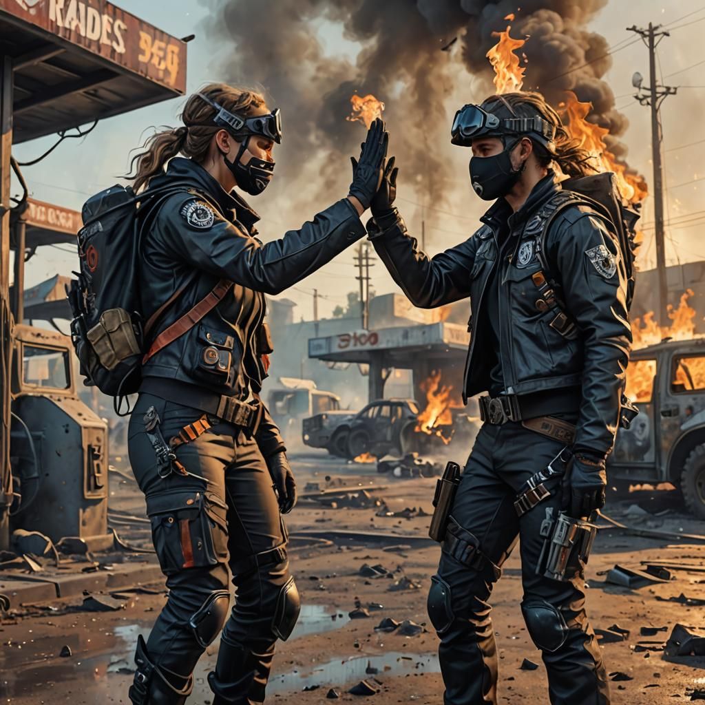Post-Apocalyptic Raiders High Five in Acrylic Painting