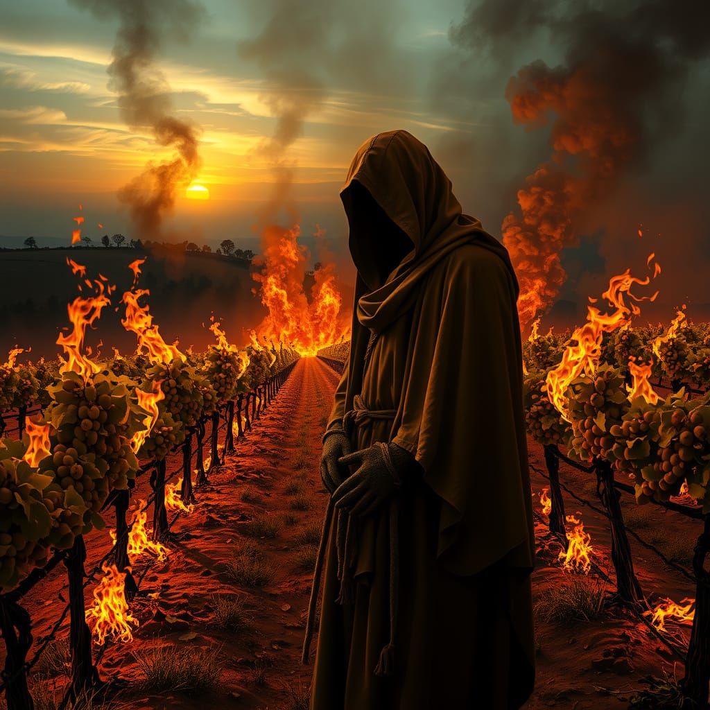 Surreal Landscape in Dark, Gothic Style, Burning Vineyard at...