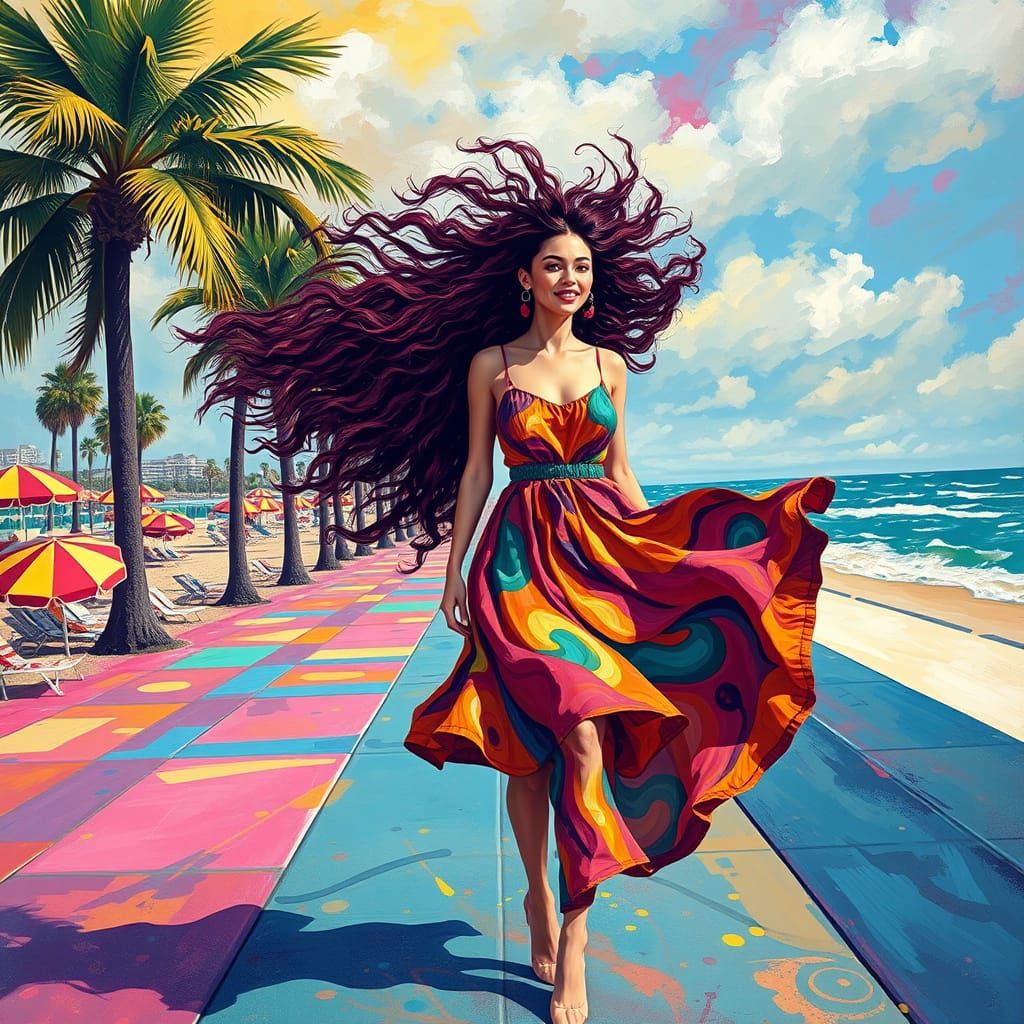 Surreal Woman Strolls Psychedelic Seaside Promenade on Windy...