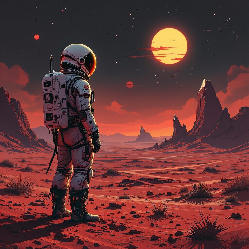 Astronaut on Crimson Desert Under Binary Sunset