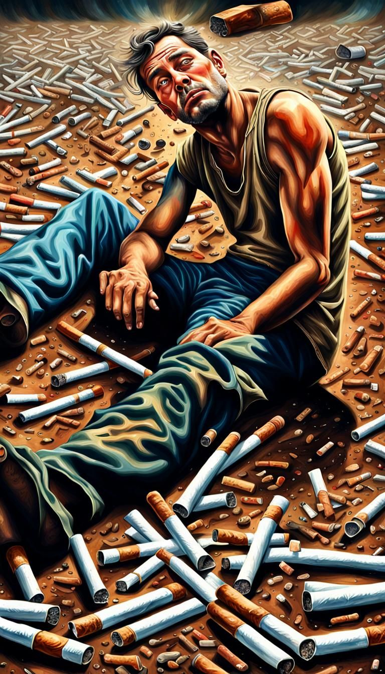 Miniature Man's Struggle Among Giant Cigarettes