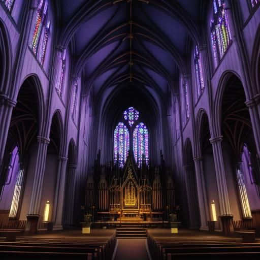 Gothic Church Interior with Gigantic Pipe Organ