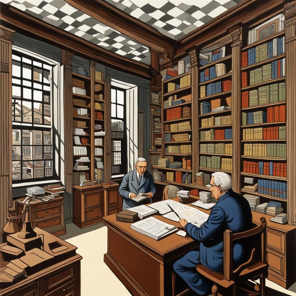 Colorful Office Scene Inspired by Gödel, Escher, Bach