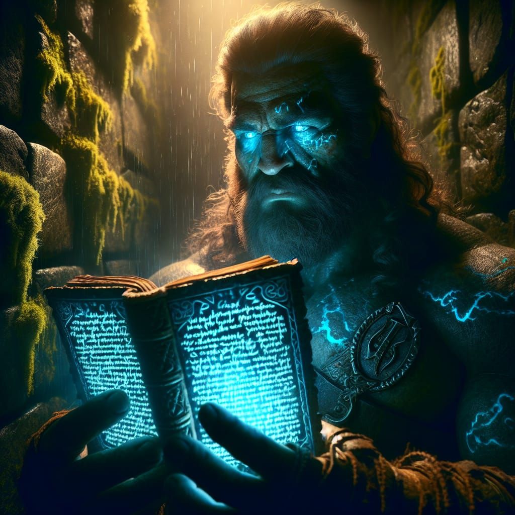 The barbarian tries to read a glowing spellbook in the dunge...