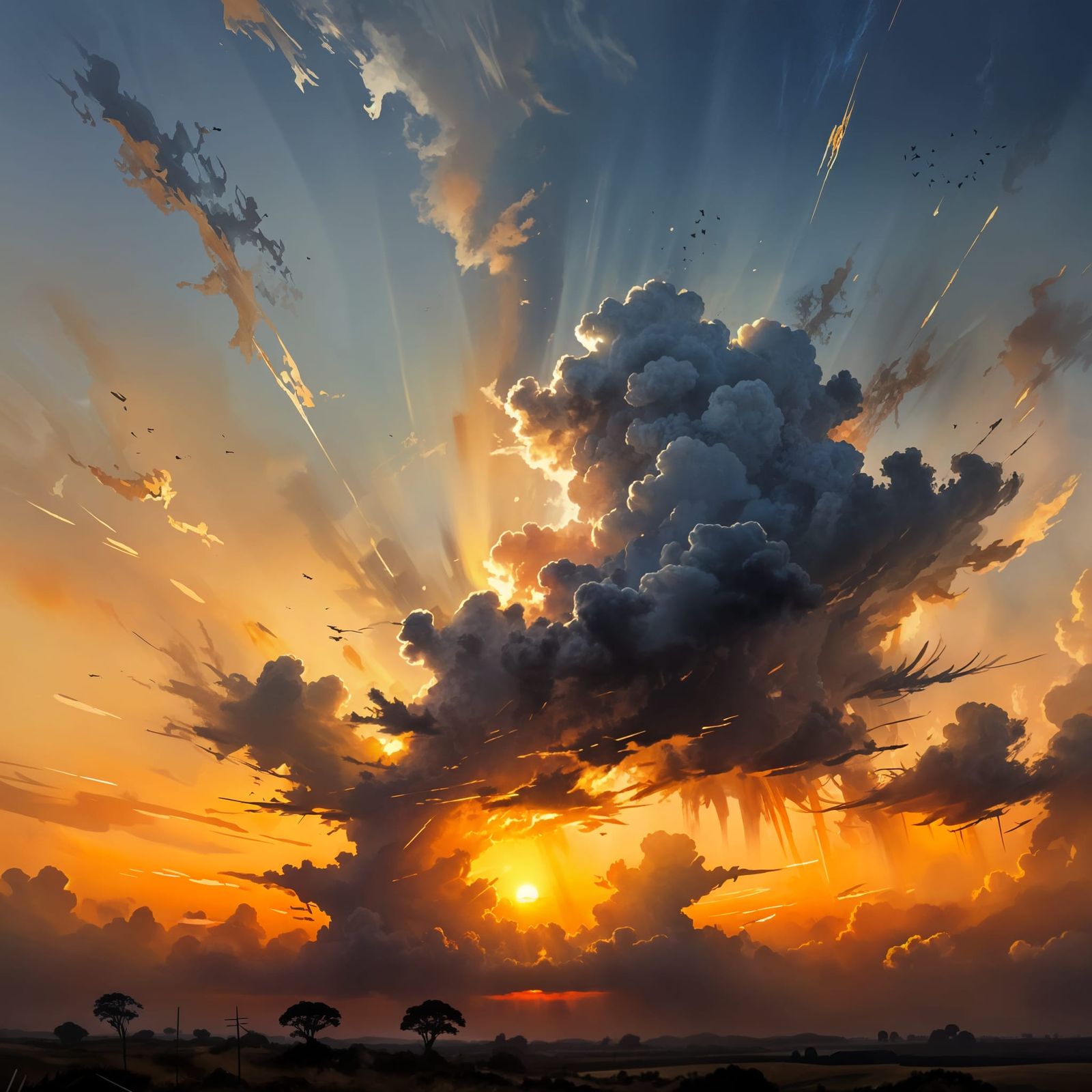 Golden Sunset After Storm, Watercolor Style