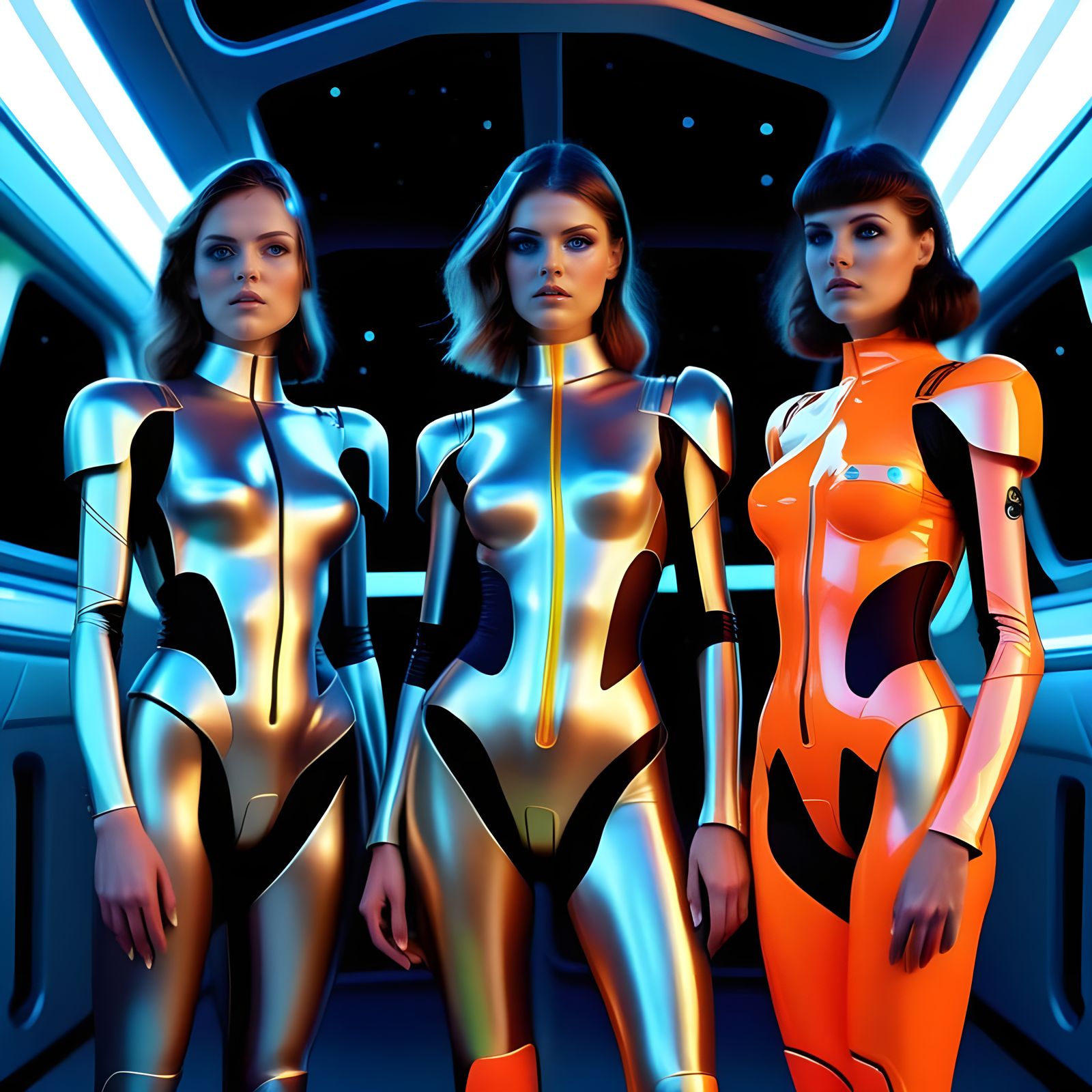 Three Women in Futuristic Space Suits