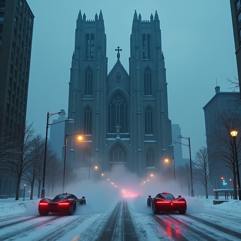 Brutalist Cathedral in Dystopian Cyberpunk Winter