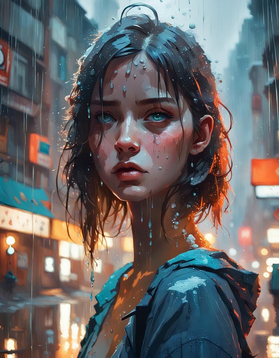 Beautiful Girl Portrait with Rain and Reflections