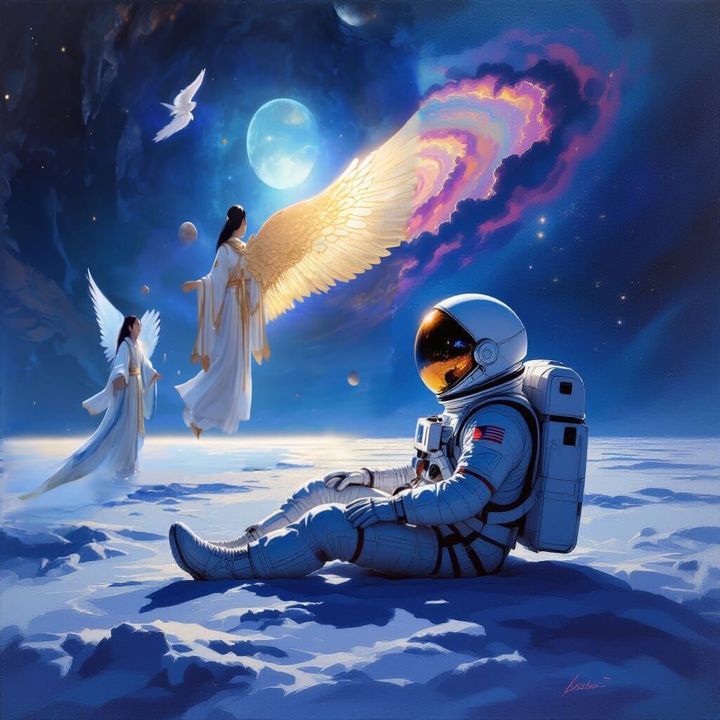 Chinese Angel Observes Astronaut in Painterly Concept Art