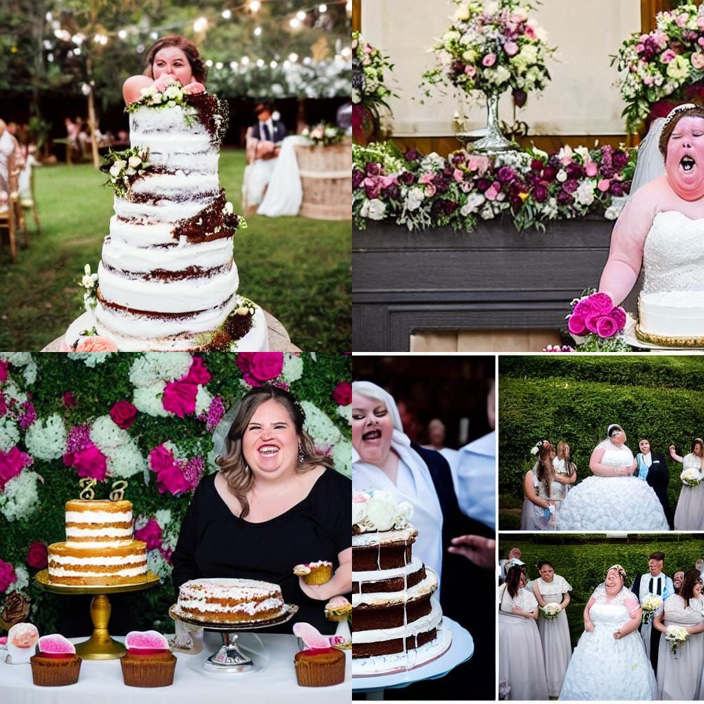 Surreal Pig-Faced Woman Eats Wedding Cake