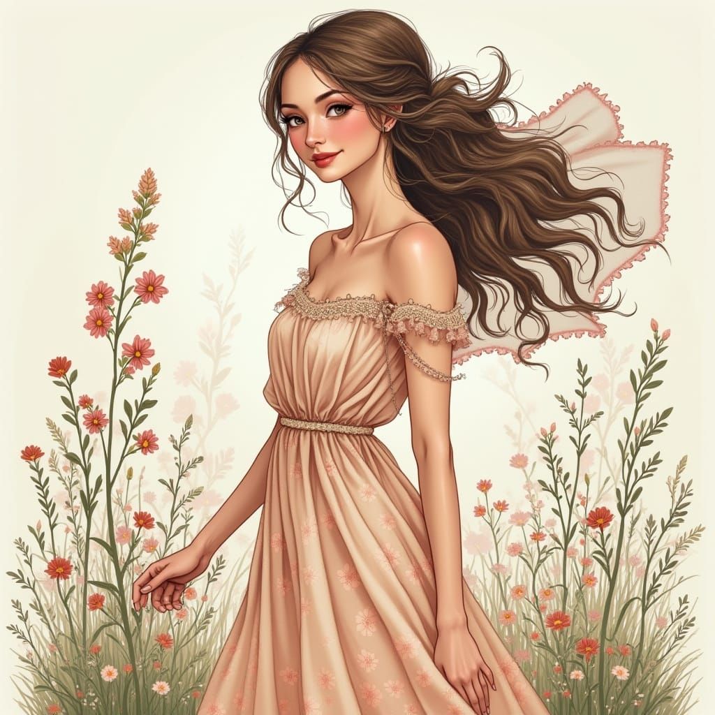 Smiling Woman with Floral Scarf in Dreamy Style