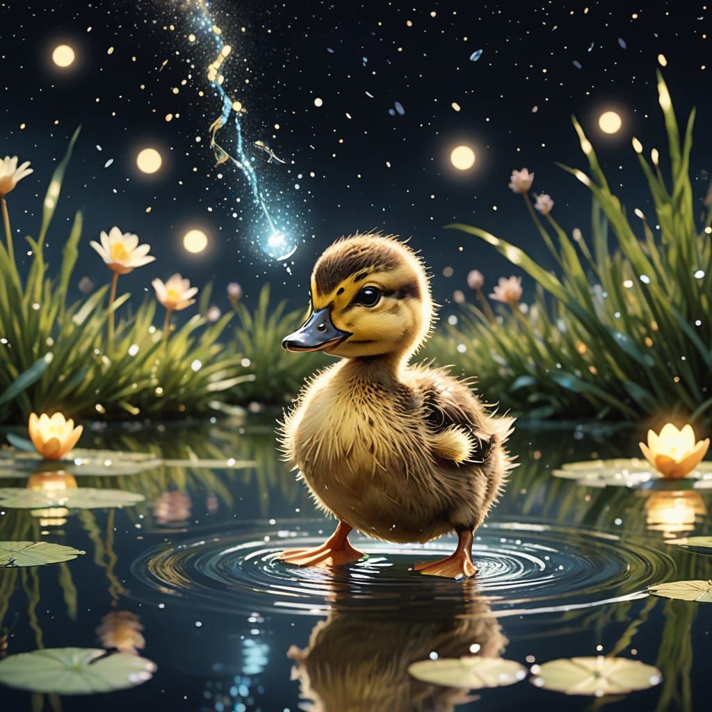 Duckling Dancing on Starry Pond: Watercolor Concept Art