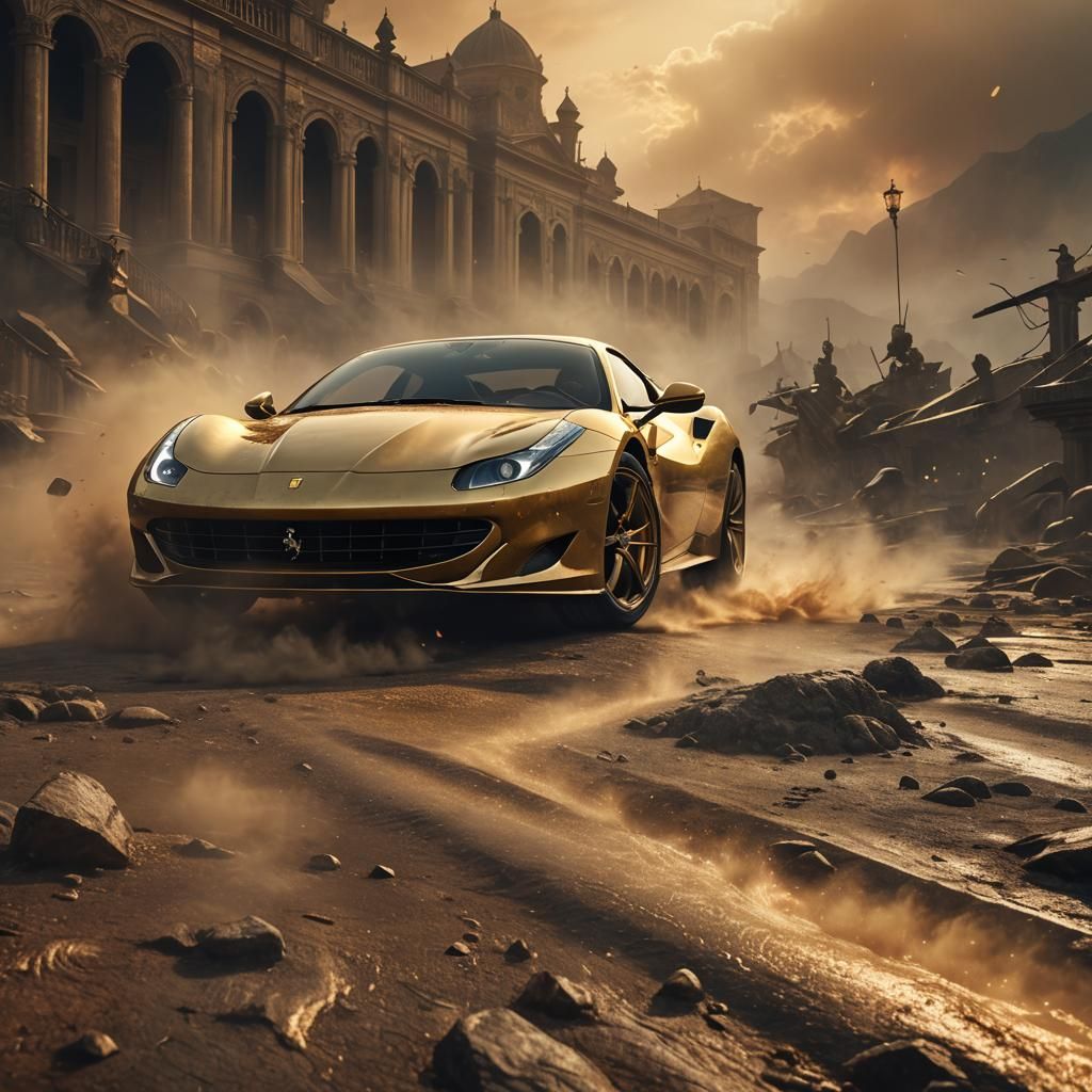 Golden Battle Ferrari in Dreamlike Scene