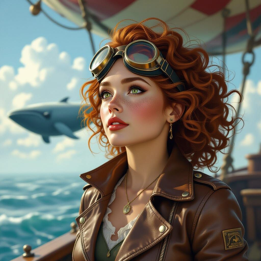 Airship Captain and Flying Whale in Digital Art Style